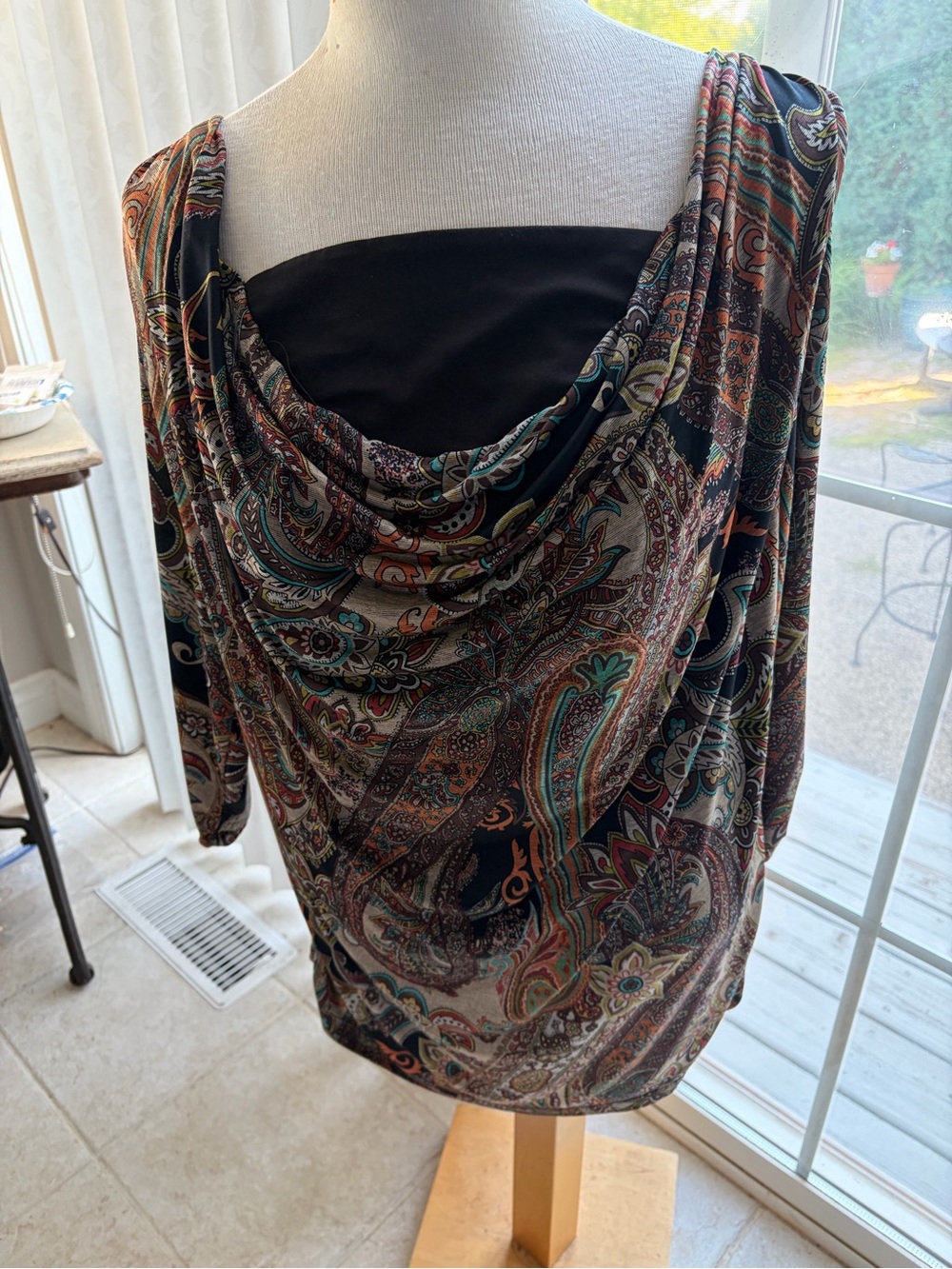 Paisley Cowl Neck Long Sleeve Top - Black Multi